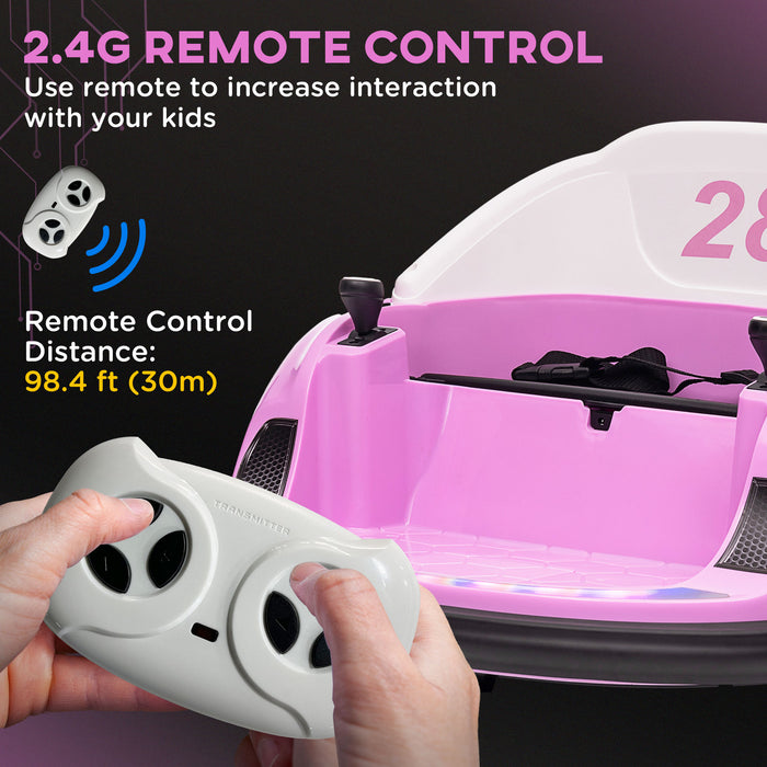 AIYAPLAY 360° Rotation Kids Bumper Car, 12V Waltzer Car with Remote Control, Dual Joysticks, Music Lights - Pink | Aosom UK