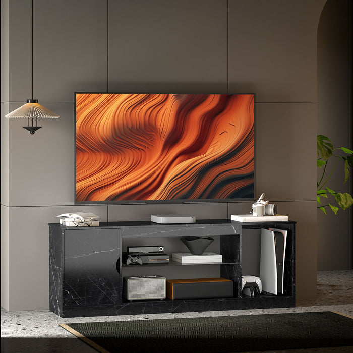 HOMCOM TV Stand Cabinet, Marble Effect TV Unit for up to 55" TVs with Glass Shelf and Storage Cabinet, Entertainment Unit for Living Room, Bedroom, Black