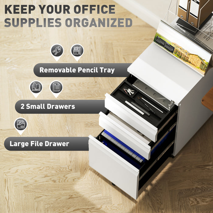 Vinsetto 3-Drawer Steel Filing Cabinet with Lock and Wheels - White