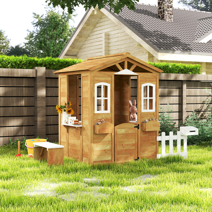 Outsunny Wooden Playhouse for Kids with Door, Windows, Mailbox, Flower Pot Holder, Serving Station, Bench for Children, Yellow