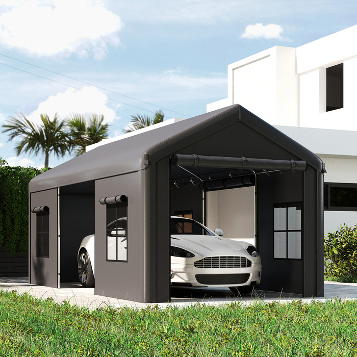 Outsunny 3 x 6 m Heavy Duty Carport, Portable Garage Car Canopy Tent with Galvanised Frame, Doors, Windows, Dark Grey