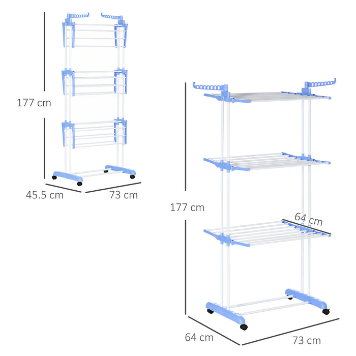 4-Tier Foldable Laundry Drying Rack - Sturdy Steel Construction with Castors, Blue - Perfect for Indoor/Outdoor Clothes Drying Needs