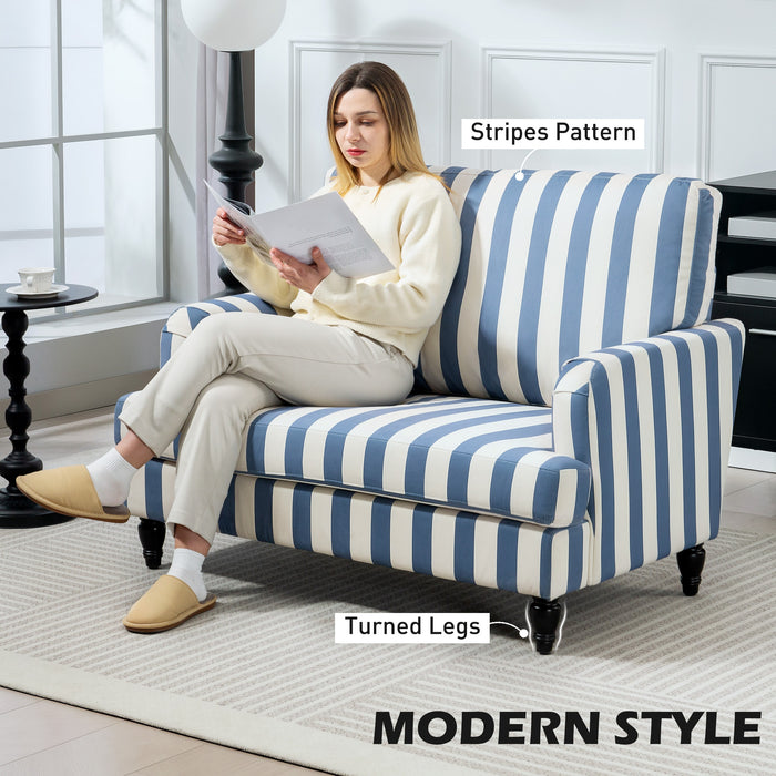 HOMCOM Modern Accent Chair, Velvet Armchair with Stripe, Turned Legs and Wide Seat, Upholstered Snuggle Chair for Living Room, Bedroom, Blue and White