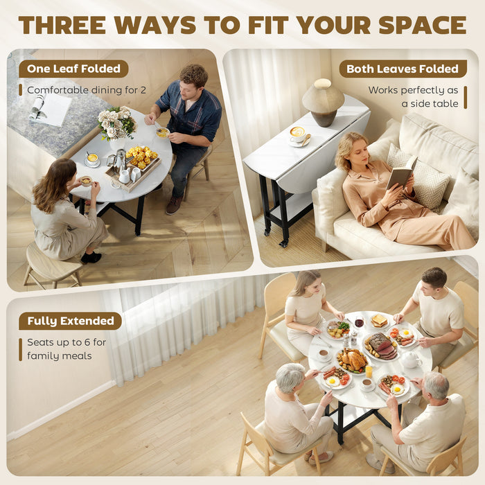 HOMCOM Folding Dining Table, Drop Leaf Table with Open Shelf, Rolling Kitchen Table for Dining Room, Small Spaces, White Marble