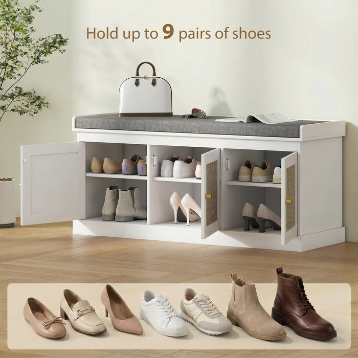 HOMCOM Shoe Storage Bench with Woven Rattan Doors, Seat - White