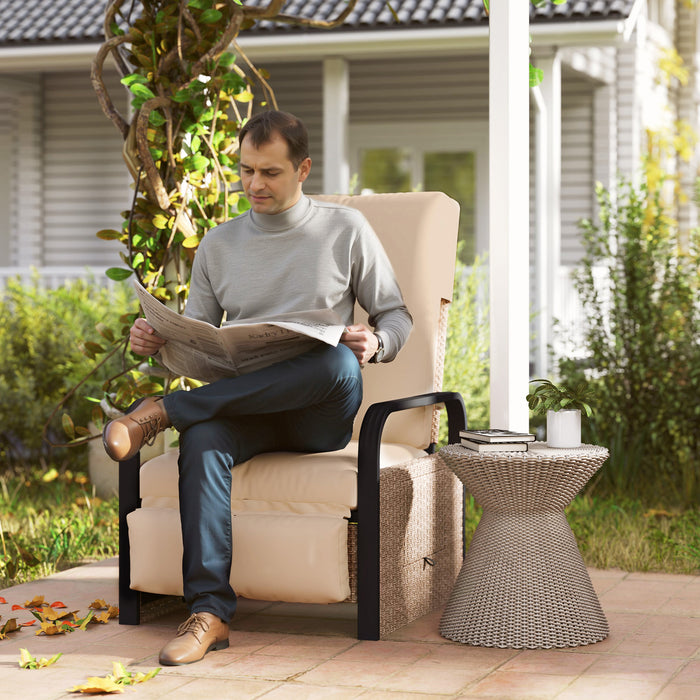 Outsunny Rattan Garden Recliner Chair, Reclining Rattan Chair with Adjustable Backrest and Footrest, Outdoor Lounge Sun Lounger with Cushion, Side Tray and Aluminium Armrests, Brown/Khaki