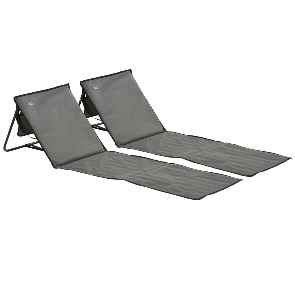 Outsunny Set of 2 Foldable Garden Beach Chair Mat, Outdoor Sun Lounger Seats with Adjustable Back, Magazine Pocket, Carry Strap