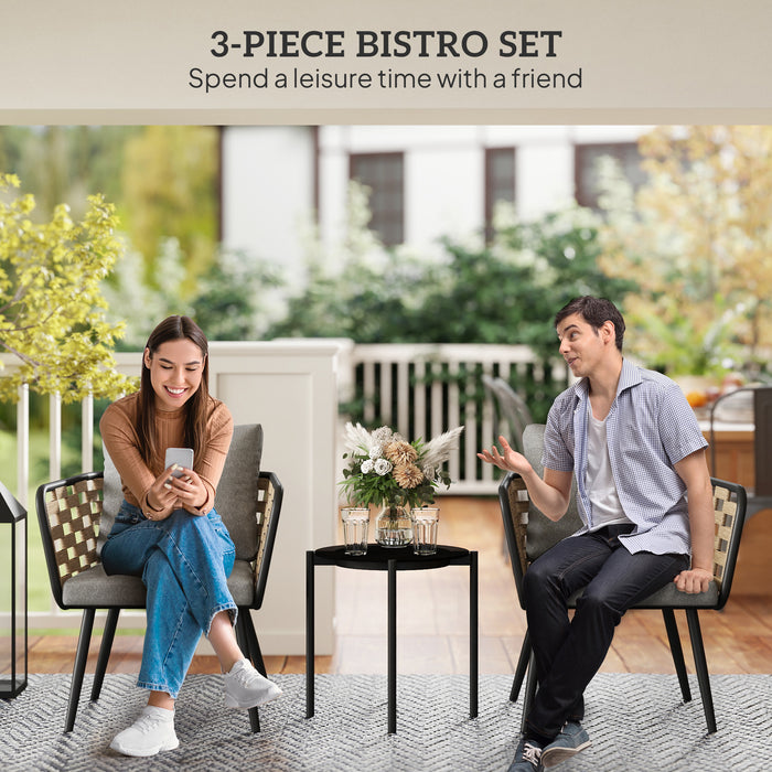 Outsunny 3 Pieces Rattan Bistro Set with Washable Seat and Back Cushions, Glass Top Coffee Table, for Outdoor, Patio, Black