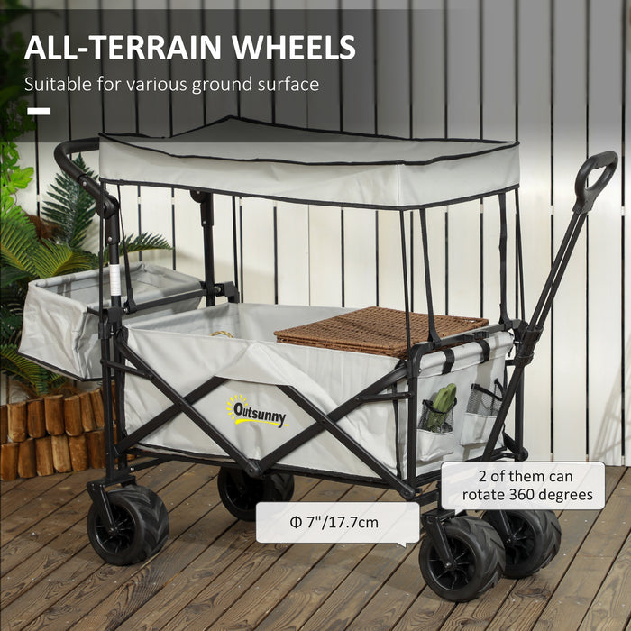 Beach Trailer Folding Cart with Canopy - 4-Wheel Storage Wagon, Pull/Push Handle for Outdoor Use - Ideal for Camping and Beach Trips, Grey