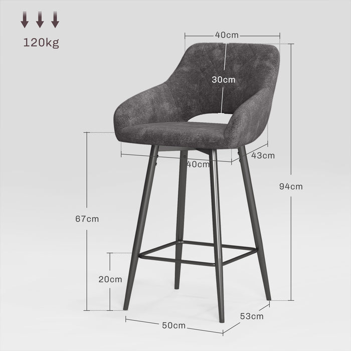 Velvet Grey Bar Stools, Set of 2 - Luxurious Soft Touch Counter Seating - Ideal for Home Bar or Kitchen Island Comfort
