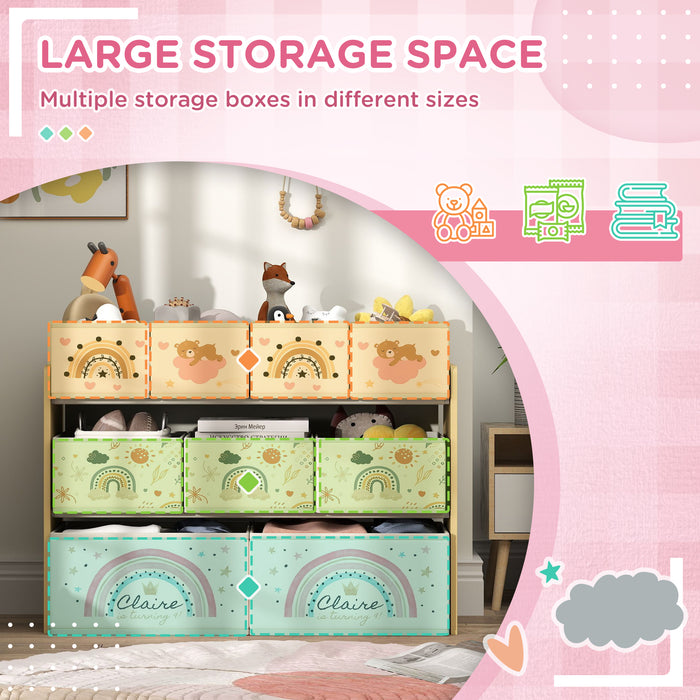 AIYAPLAY 3-Tier Kids Storage Unit with 9 Non-Woven Fabric Boxes for Toys, Books for Bedroom, Nursery, Yellow