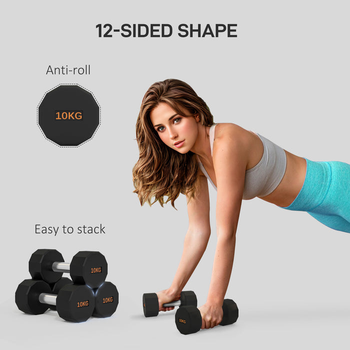 10kg Dumbbell Pair - 12-Sided Anti-Roll Design with Secure Non-Slip Grip - Ideal for Men & Women Home Gym Workouts