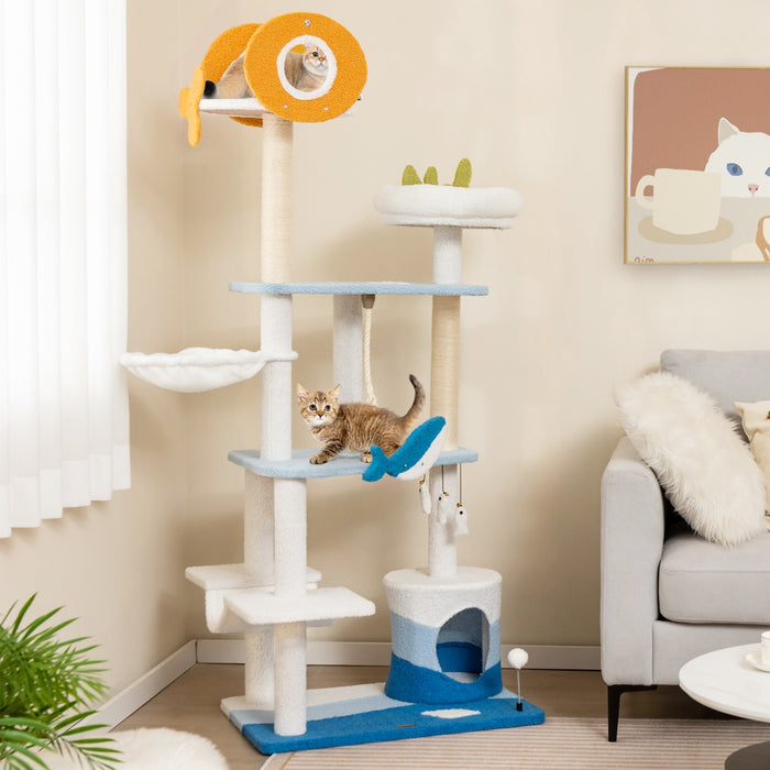 Ocean-Themed - Cat Tree Tower with Sisal Covered Scratching Posts - Perfect for Feline Fun and Claw Health Maintenance
