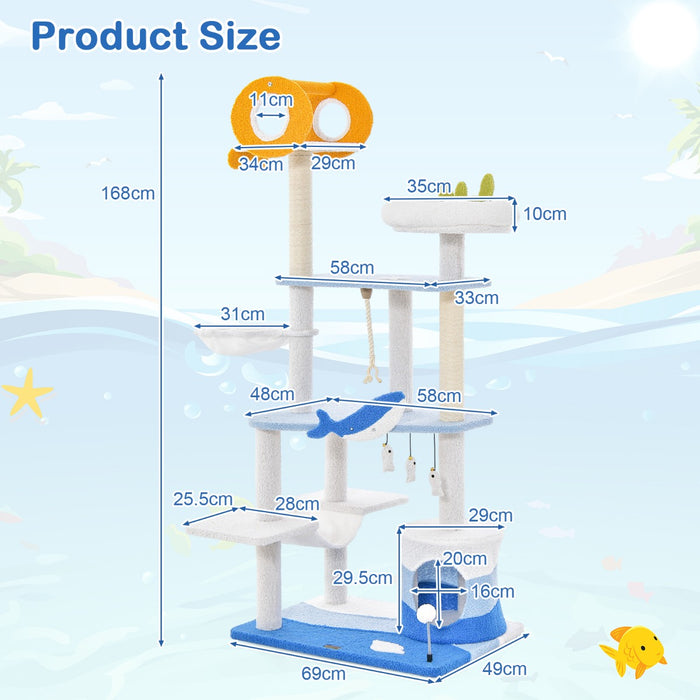 Ocean-Themed - Cat Tree Tower with Sisal Covered Scratching Posts - Perfect for Feline Fun and Claw Health Maintenance
