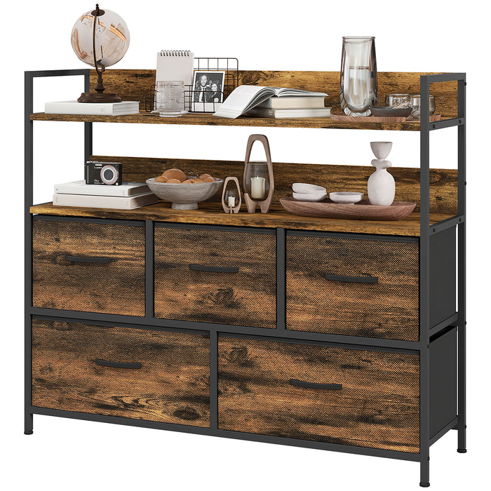 Rustic Wood-Effect Storage Unit - Chest with 5 Brown Fabric Drawers - Ideal Organizer for Bedroom or Living Spaces