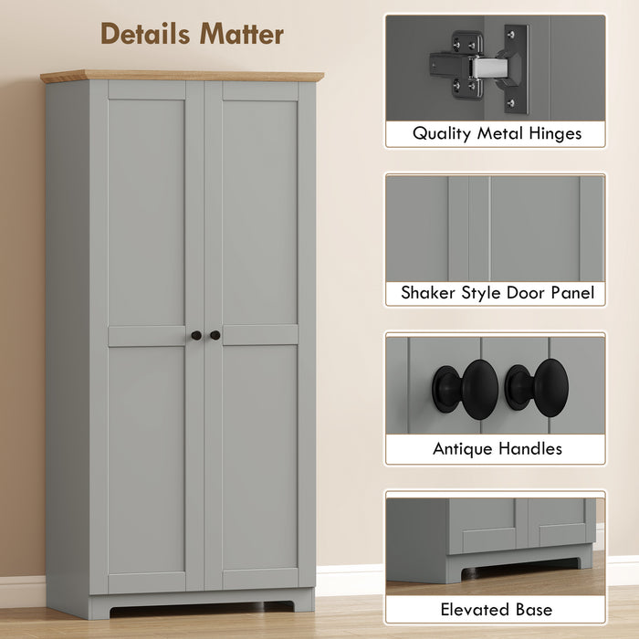 HOMCOM Kitchen Cupboard, 172cm Freestanding Storage Cabinet with Doors and Shelves, Grey
