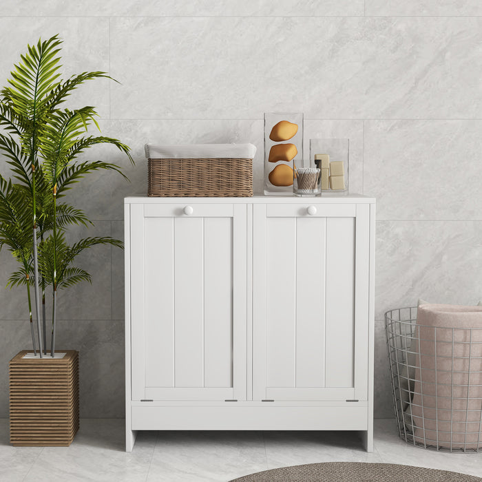 Aosom Tilt-Out Laundry Cabinet - Contemporary 2-Compartment Bathroom Organizer, White - Space-Saving Solution for Washroom Storage Needs
