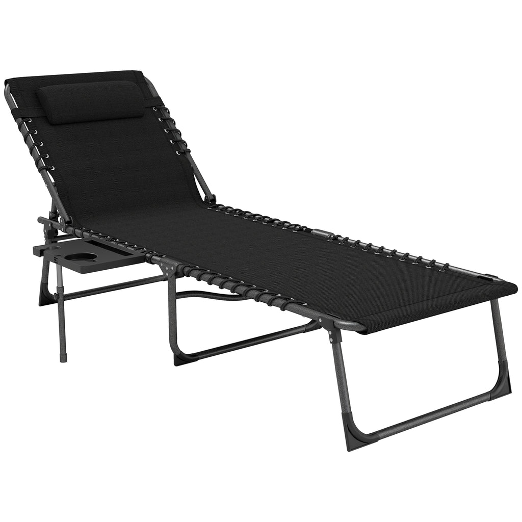Outsunny Folding Sun Lounger with Side Table, 5-Level Adjustable Reclining Sun Lounger Chair, Portable Garden Recliner Sunbed with Side Pocket, Head Pillow for Patio, Beach, Black