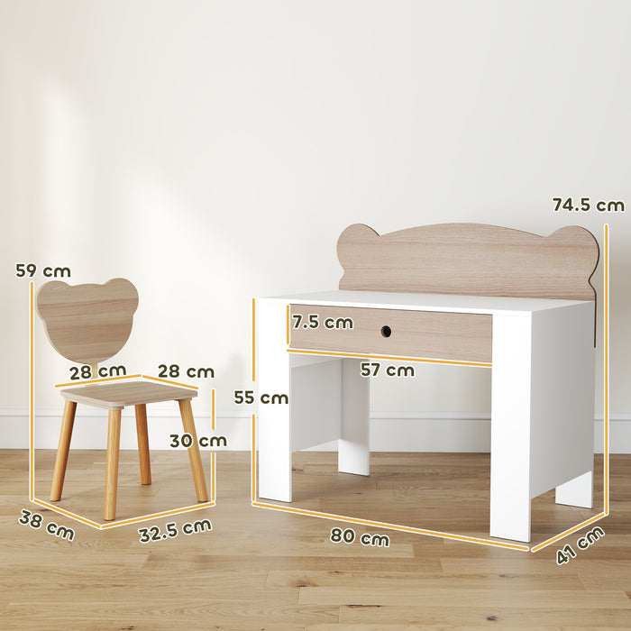 AIYAPLAY Kids Desk and Chair Set with Drawer for Drawing, Reading, Bear Theme Children Furniture for Bedroom, Daycare, Natural