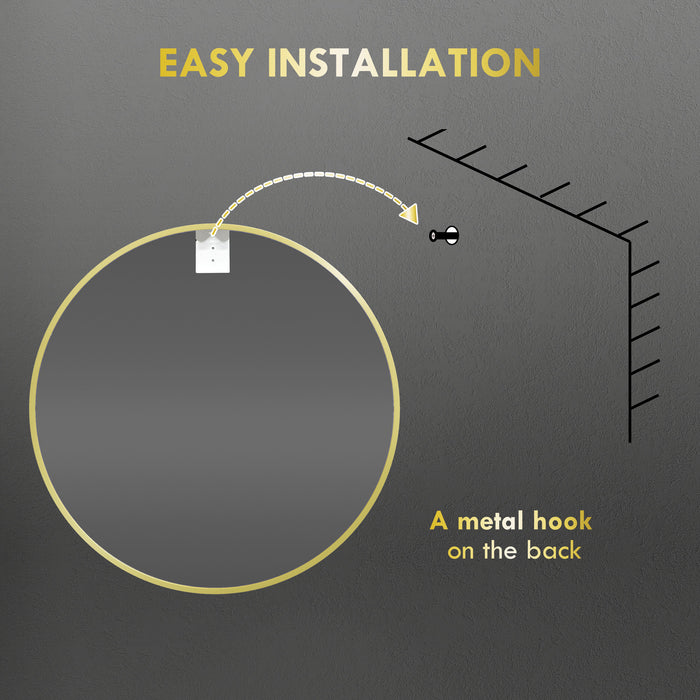 Round Gold-Tone Bathroom Mirror - Modern Aluminum-Framed Wall-Mounted Vanity, 60cm - Easy Installation for Living Room & Entryway Decor