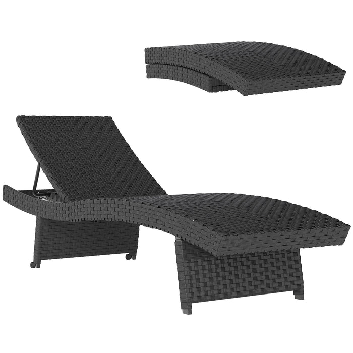 Outsunny Outdoor PE Rattan Sun Lounger, Folding Wicker Garden Lounger Recliner with 4-Level Adjustable Backrest, Rolling Sunbed Lounge Chair with Wheels, Non-Slip Legs for Balcony, Beach, Black