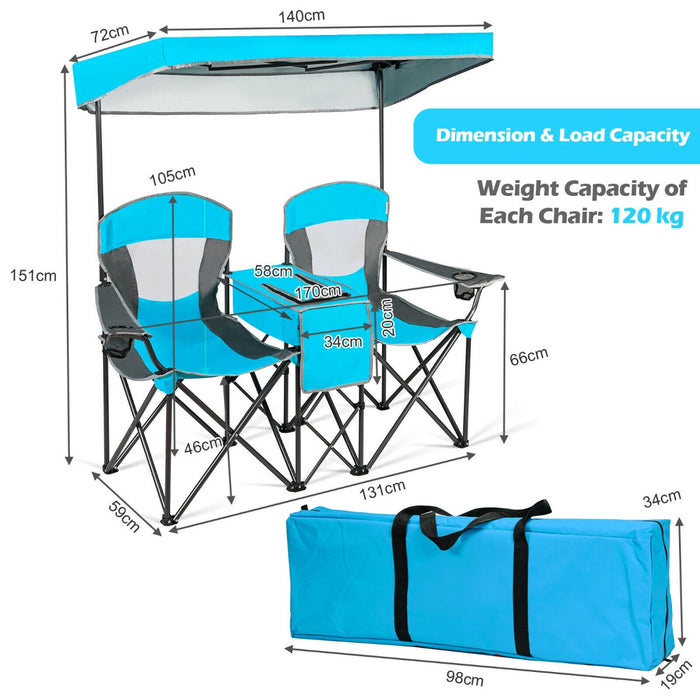 Double Folding Camping Chair with Canopy and Armrests-