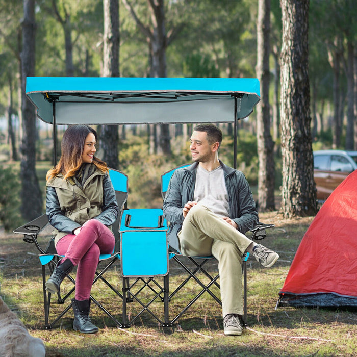 Double Folding Camping Chair with Canopy and Armrests-