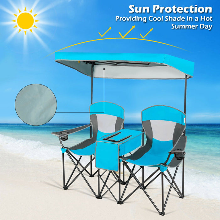 Double Folding Camping Chair with Canopy and Armrests-