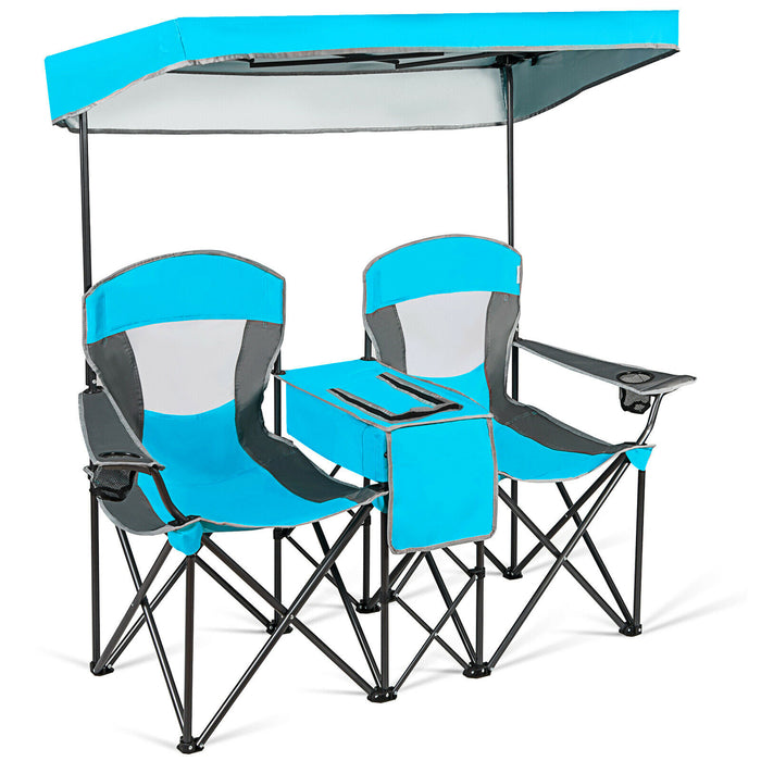 Double Folding Camping Chair with Canopy and Armrests-
