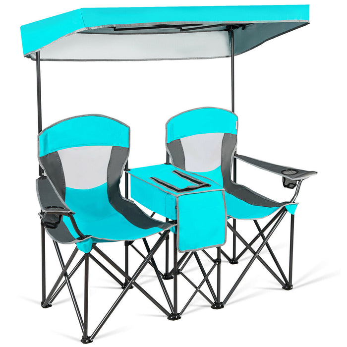 Double Folding Camping Chair with Canopy and Armrests-