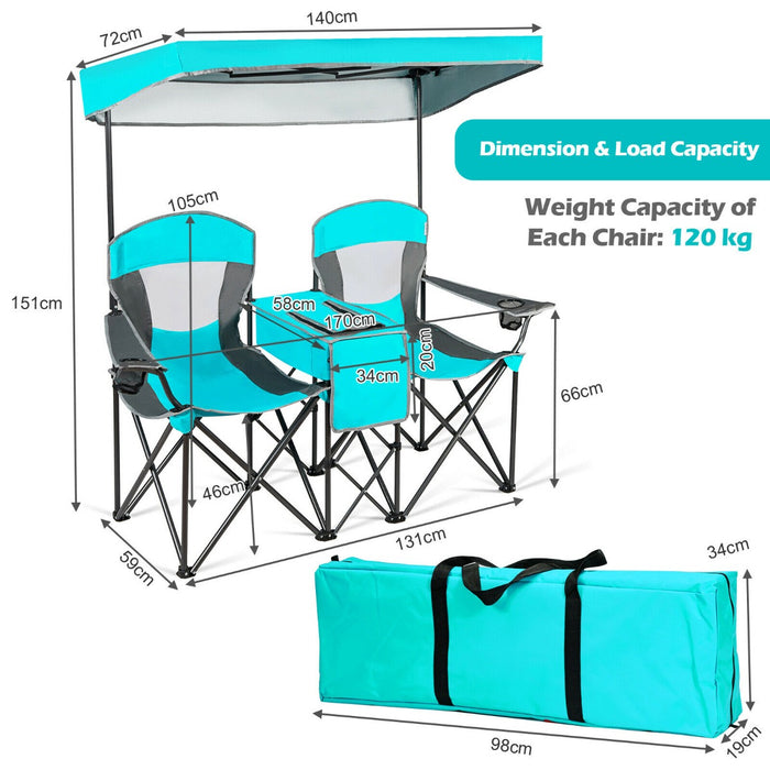 Double Folding Camping Chair with Canopy and Armrests-