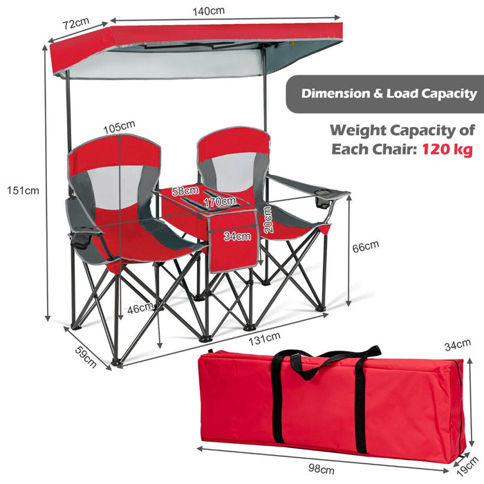 Double Folding Camping Chair with Canopy and Armrests-