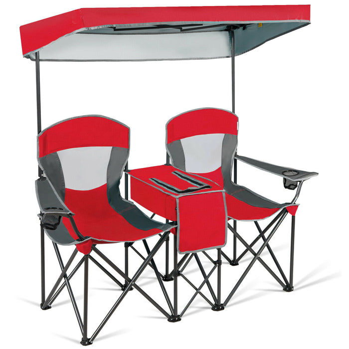 Double Folding Camping Chair with Canopy and Armrests-