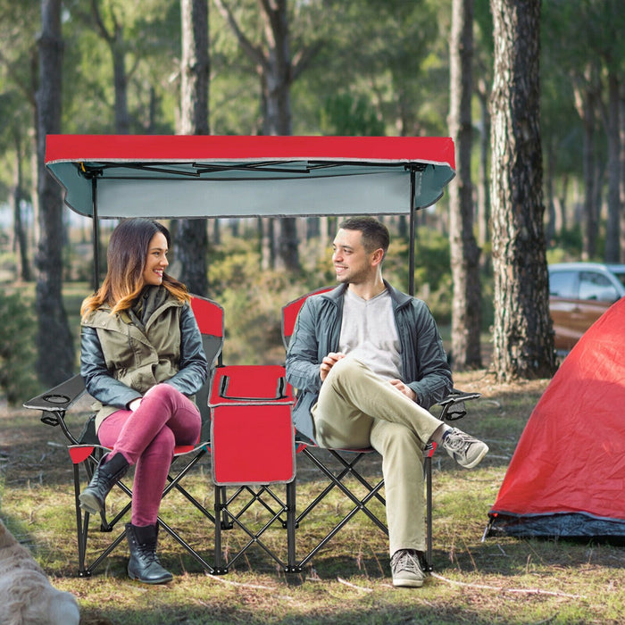 Double Folding Camping Chair with Canopy and Armrests-