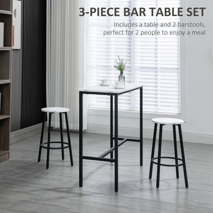 HOMCOM 3 Piece Bar Table and Stool Set for 2 with Stools Steel Frame Footrest for Kitchen Living Room Small Space White