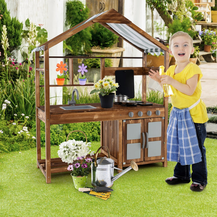 Solid Wood Outdoor Mud Kitchen - With Canopy and Rotatable Faucet Feature - Perfect for Children's Outdoor Play & Learning