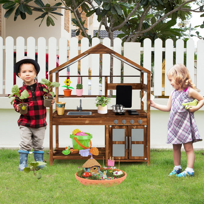 Solid Wood Outdoor Mud Kitchen - With Canopy and Rotatable Faucet Feature - Perfect for Children's Outdoor Play & Learning