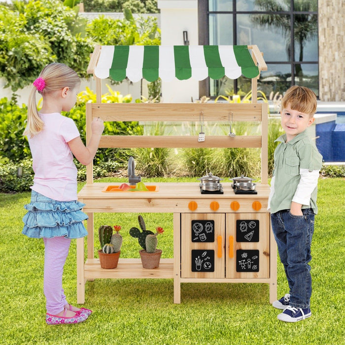 Outdoor Wooden Pretend Play Kitchen with Canopy and 4 Stoves-