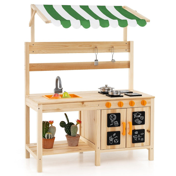 Outdoor Wooden Pretend Play Kitchen with Canopy and 4 Stoves-