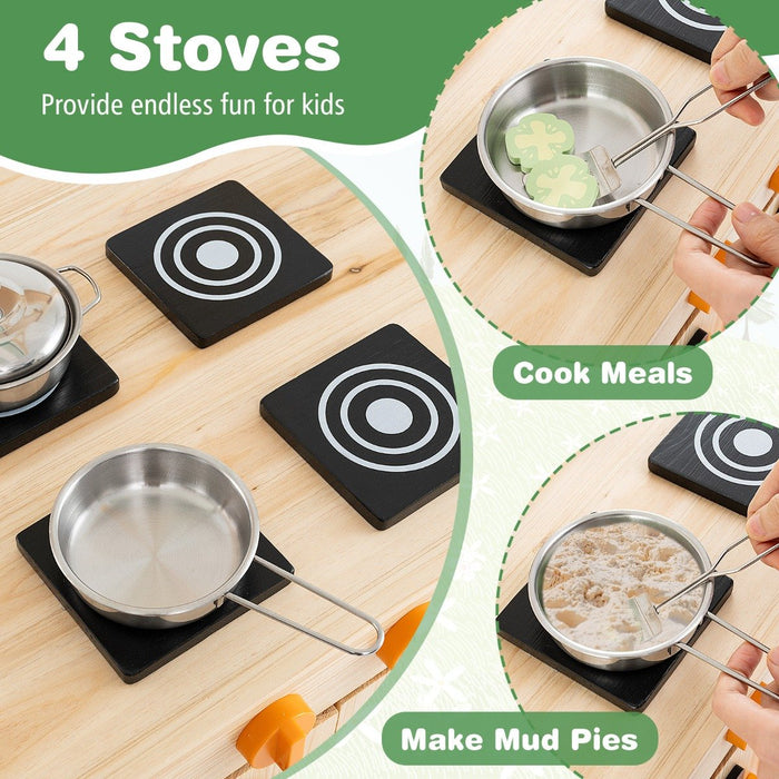 Outdoor Wooden Pretend Play Kitchen with Canopy and 4 Stoves-