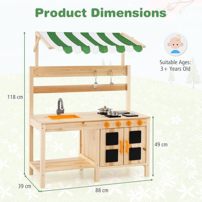 Outdoor Wooden Pretend Play Kitchen with Canopy and 4 Stoves-