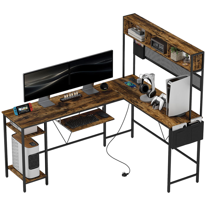 HOMCOM 160cm Reversible L Shaped Desk with Power Outlet, Industrial Corner Desk with Storage Shelves and Keyboard Tray, 240cm Long Computer Desk for 2 Person, Rustic Brown