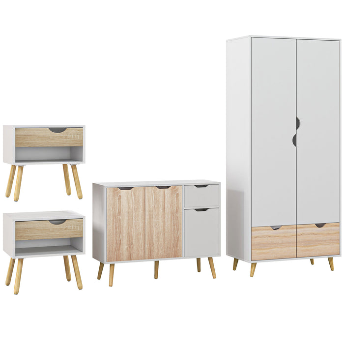 HOMCOM Bedroom Furniture Set, Wardrobe with Hanging Rod, Side Cabinet with wood legs , Bedside Table with Drawer, Nature Wood Finish and White | Aosom UK