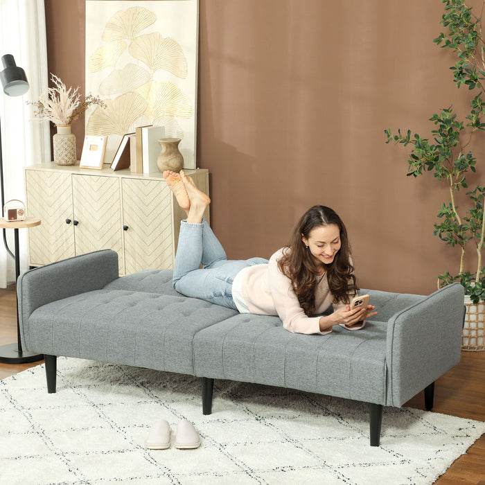 HOMCOM Upholstered Click Clack Sofa Bed, Linen-Feel 3 Seater Sofa Bed with Storage and Cupholders, Light Grey