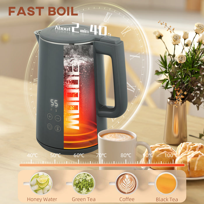 HOMCOM Digital Kettle and Toaster Set, 1.5L 3000W Fast Boil Kettle, 2 Slice Toaster Kitchen Set with 7 Level Browning Controls, Defrost, Reheat, Keep Warm, Crumb Tray and LED Touch Display, Grey