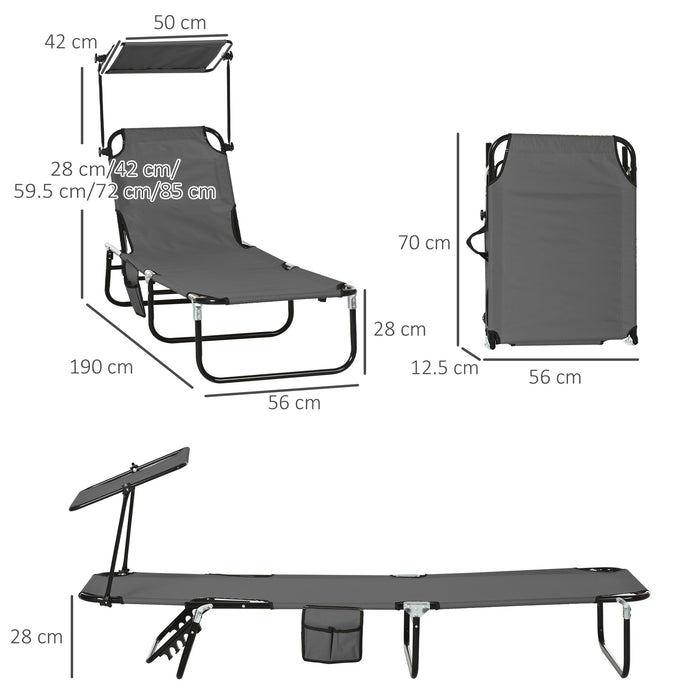 Outsunny 2 Piece Folding Sun Loungers with Canopy, Adjustable Recliner Garden Chairs with Side Pocket, Steel Frame and Breathable Mesh for Outdoor, Pool, Beach, Garden, Dark Grey