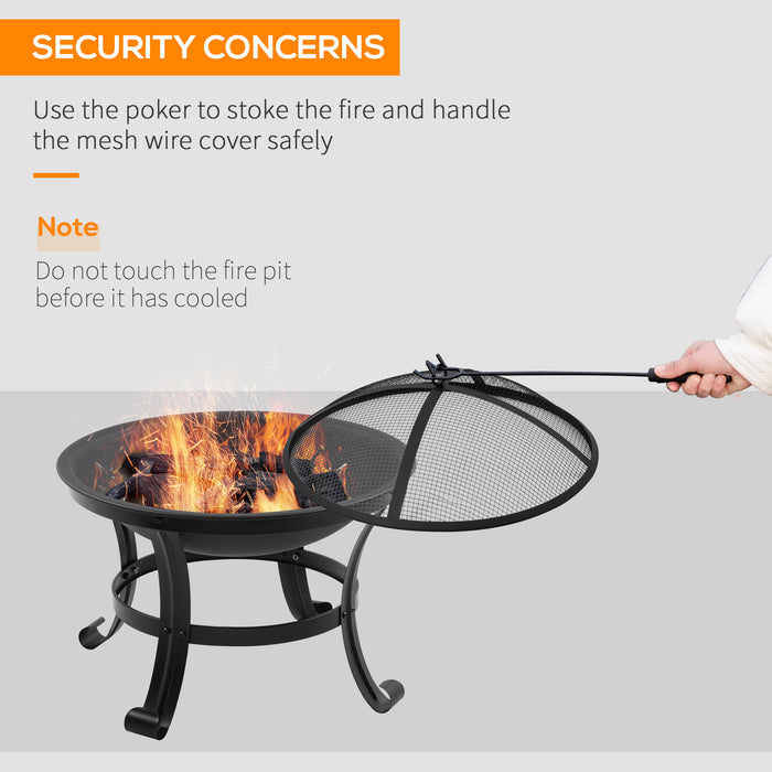 Outsunny Outdoor Fire Pit, Firepit with Mesh Lid, Poker, for Camping, Bonfire, Picnic, Black
