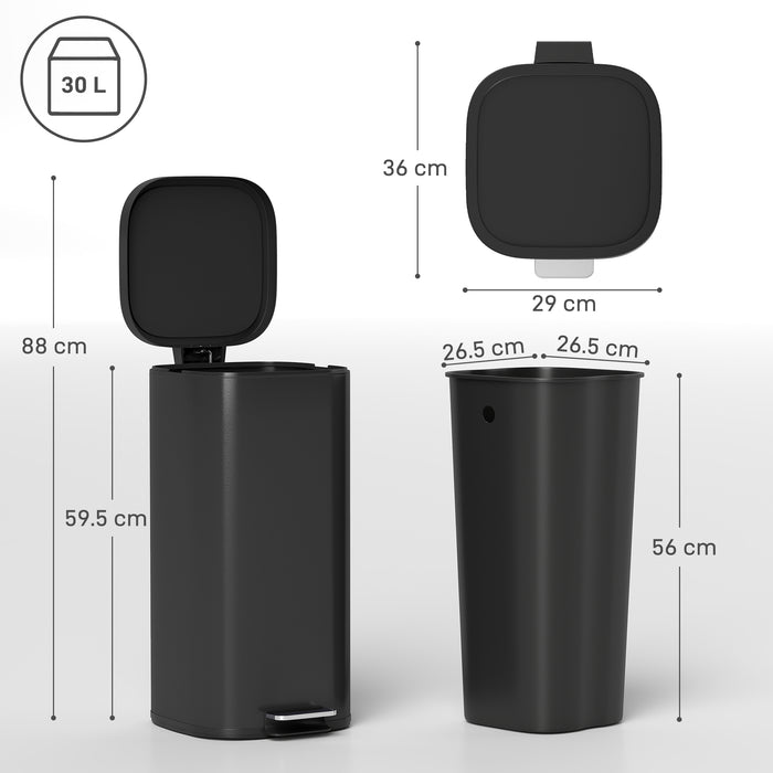 HOMCOM 30L Kitchen Bin, Compact Pedal Bin with Soft-Close and Stay-Open Lid, Removable Bucket for Kitchen, Home, Office, Black