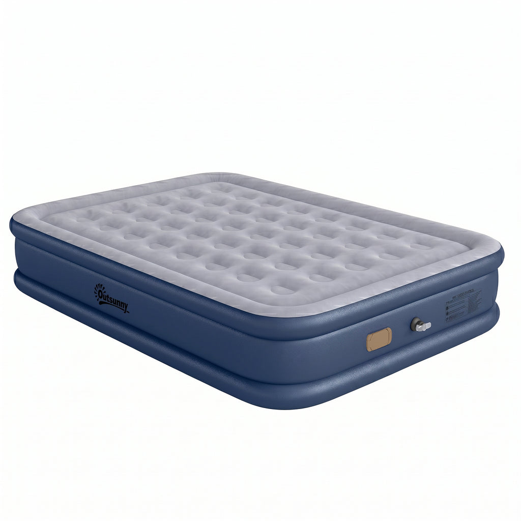 Outsunny Inflatable Mattress, Double Air Bed with Built-in Electric Pump, 3 Mins Inflation, Flocked Surface, Grey