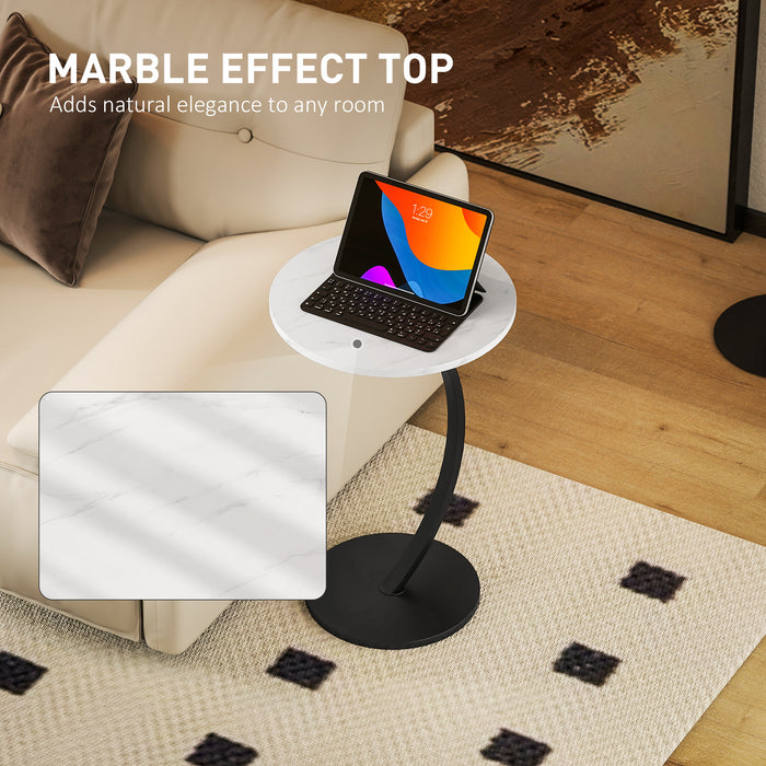 HOMCOM C Shaped Side Table, Round Bedside Table with Marble Effect Top, Modern Coffee Table Sofa End Table with Metal Frame for Living Room Bedroom Office, White